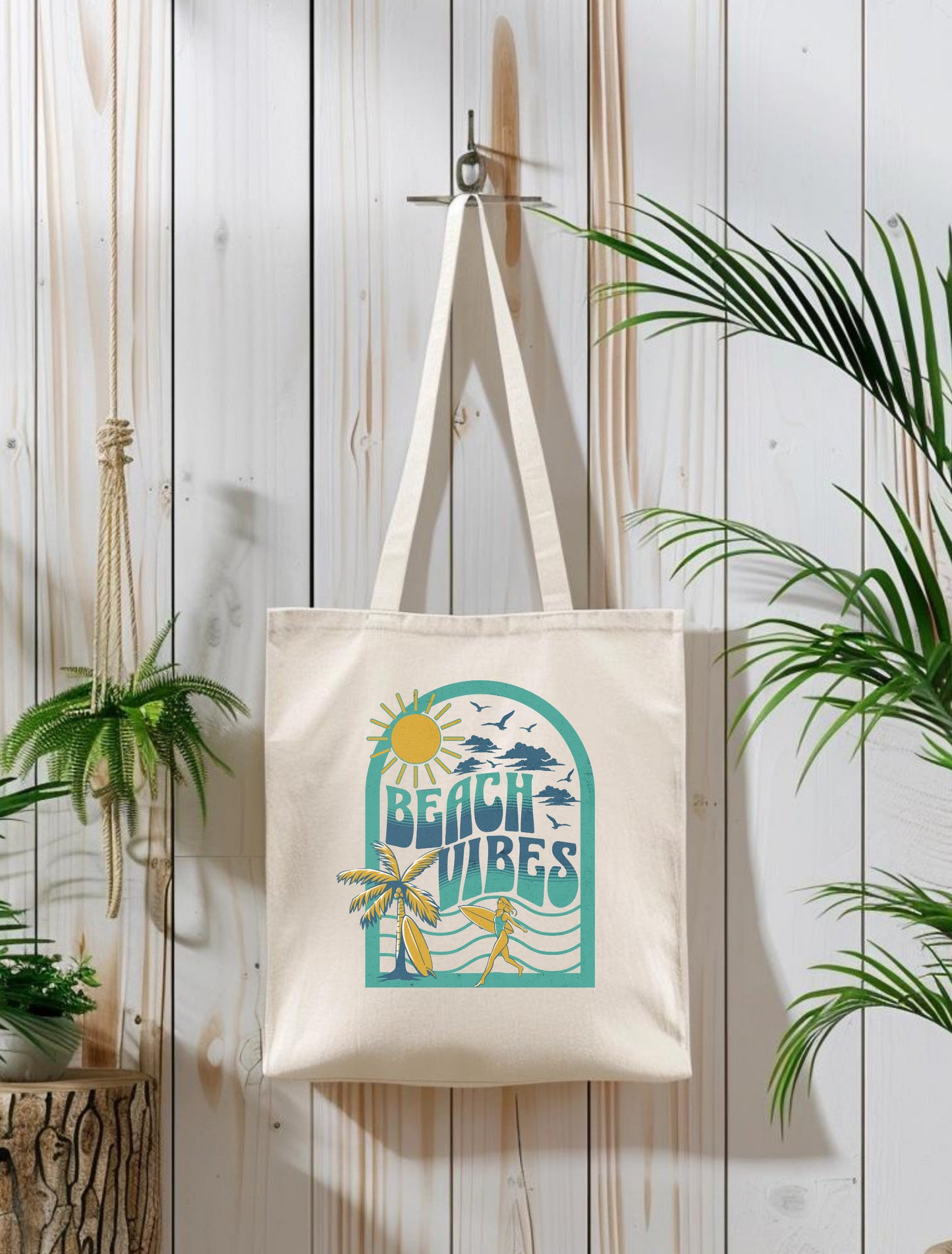 Canvas Tote Bag Beach Bag Beach Vibes Retro Surfer Girl Beach Tote Bag Eco-Friendly Reusable Bag Vacation