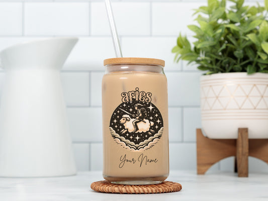 Personalized Iced Coffee Cup, Aries, Custom Birth Sign Zodiac Glass Tumbler, Gifts for Her, Astrology Horoscope Sign Beer Can