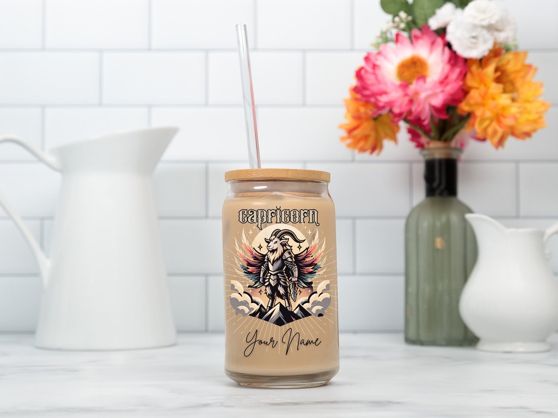 Personalized Iced Coffee Cup, Capricorn, Custom Birth Sign Zodiac Glass Tumbler, Gifts for Her, Astrology Horoscope Sign Beer Can