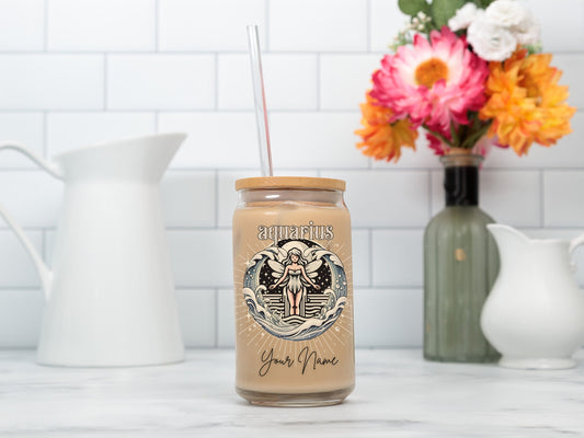 Personalized Iced Coffee Cup, Aquarius, Custom Birth Sign Zodiac Glass Tumbler, Gifts for Her, Astrology Horoscope Sign Beer Can