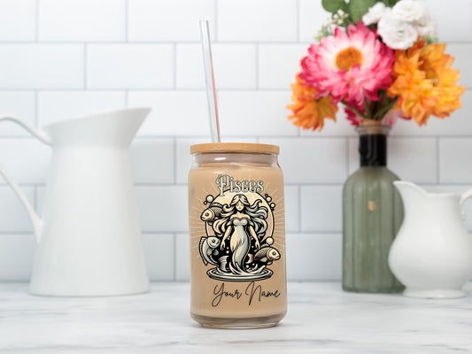 Personalized Iced Coffee Cup, Pisces, Custom Birth Sign Zodiac Glass Tumbler, Gifts for Her, Astrology Horoscope Sign Beer Can