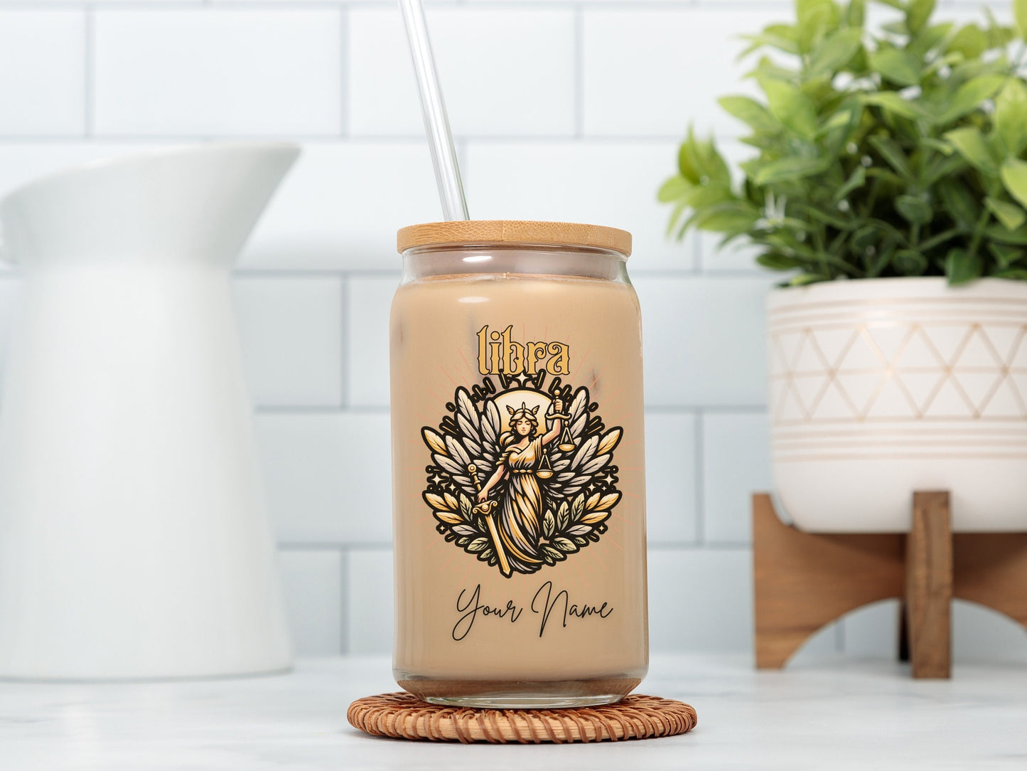 Personalized Iced Coffee Cup, Libra, Custom Birth Sign Zodiac Glass Tumbler, Gifts for Her, Astrology Horoscope Sign Beer Can