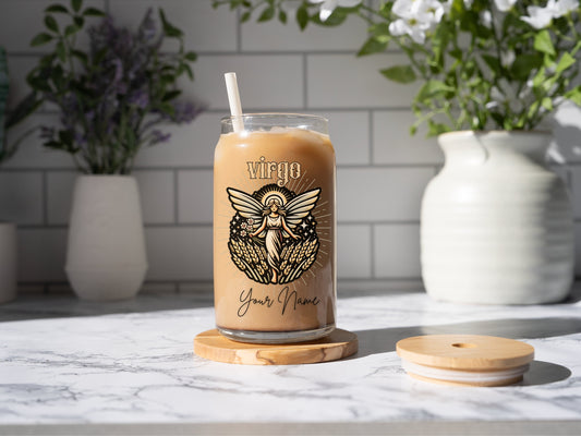 Personalized Iced Coffee Cup, Virgo, Custom Birth Sign Zodiac Glass Tumbler, Gifts for Her, Astrology, Horoscope Sign Beer Can