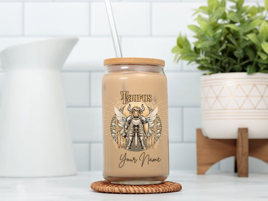 Personalized Iced Coffee Cup, Taurus, Custom Birth Sign Zodiac Glass Tumbler, Gifts for Her, Astrology, Horoscope Sign Beer Can