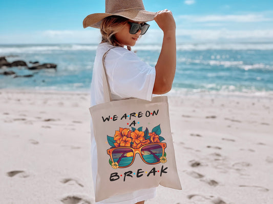 Beach Tote Bag, Canvas Tote Bag, We are on a break, Retro Vibes, Eco-friendly Reusable Bag, Farmers Market, Grocery Bag, Vacation Mode