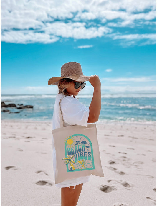 Canvas Tote Bag Beach Bag Beach Vibes Retro Surfer Girl Beach Tote Bag Eco-Friendly Reusable Bag Vacation