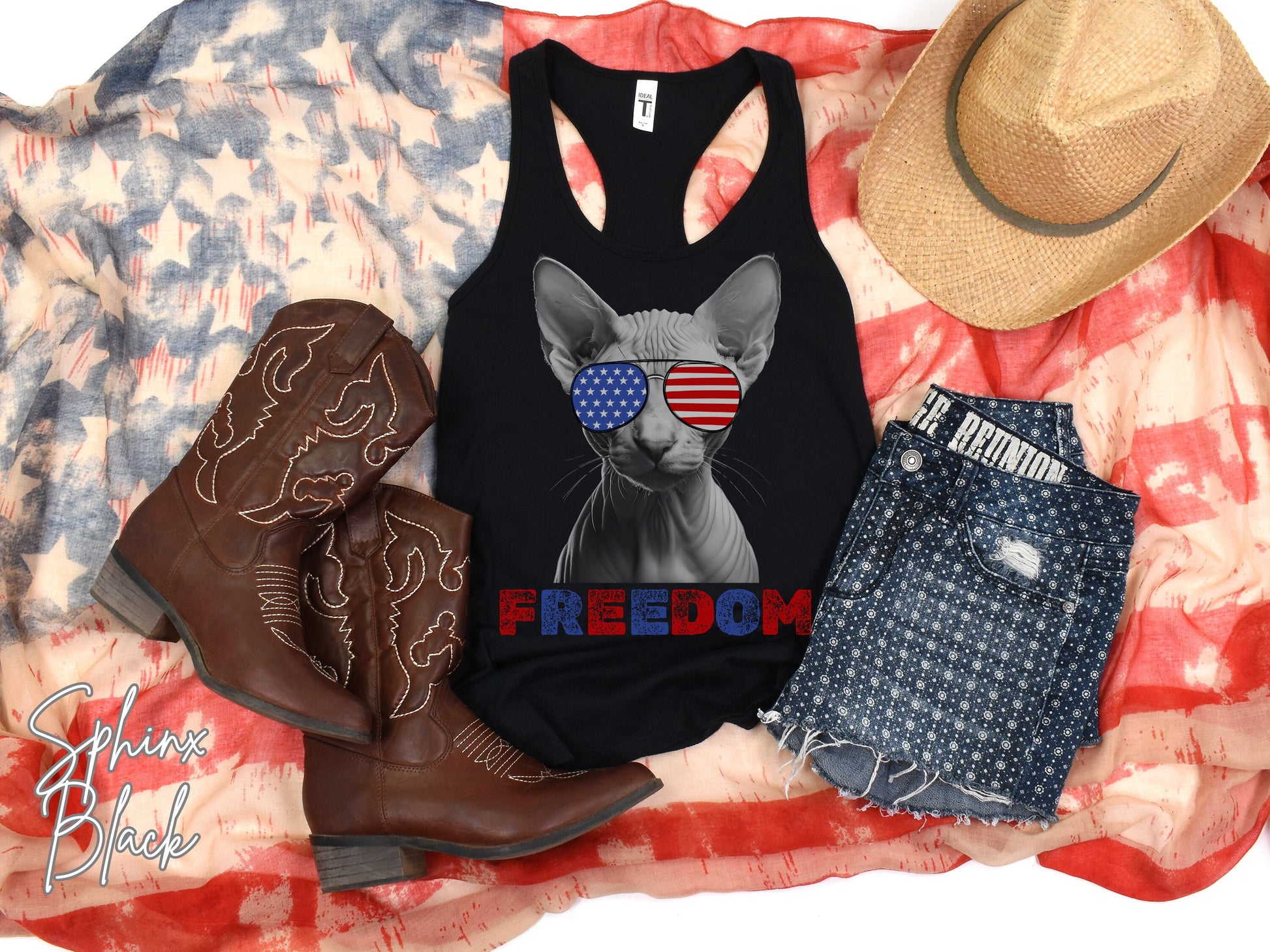 4th of July Tank Sphinx Cat, USA Pup Tank, Patriotic Sunglasses, Freedom Tshirt, Americana Tee, Fourth of July, Cat Mom, July 4th