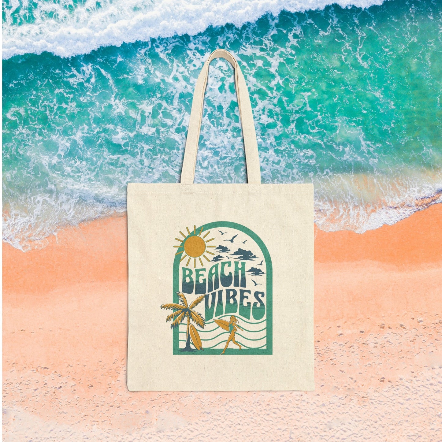 Canvas Tote Bag Beach Bag Beach Vibes Retro Surfer Girl Beach Tote Bag Eco-Friendly Reusable Bag Vacation