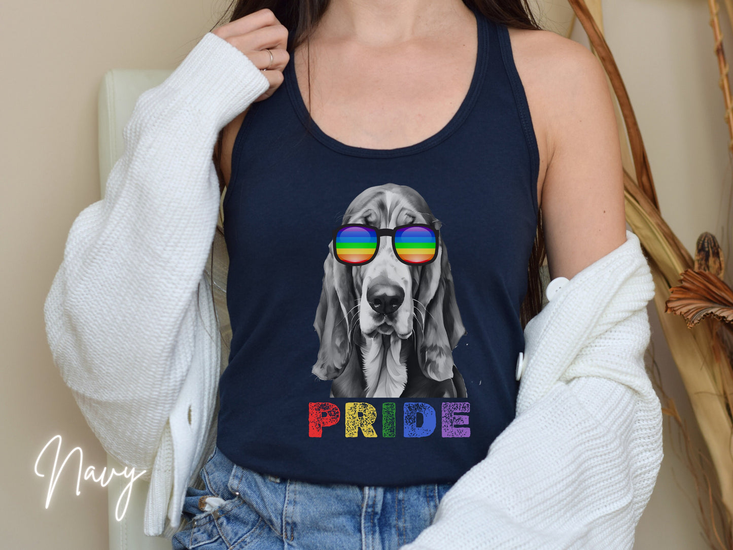 Pride Tank Top Basset Hound, LGBTQIA, Rainbow, LGBTQ+ tshirt, Pride Month Tank, Women&#39;s Tank, Gay 2024, Hound Mom, Pride Parade Apparel