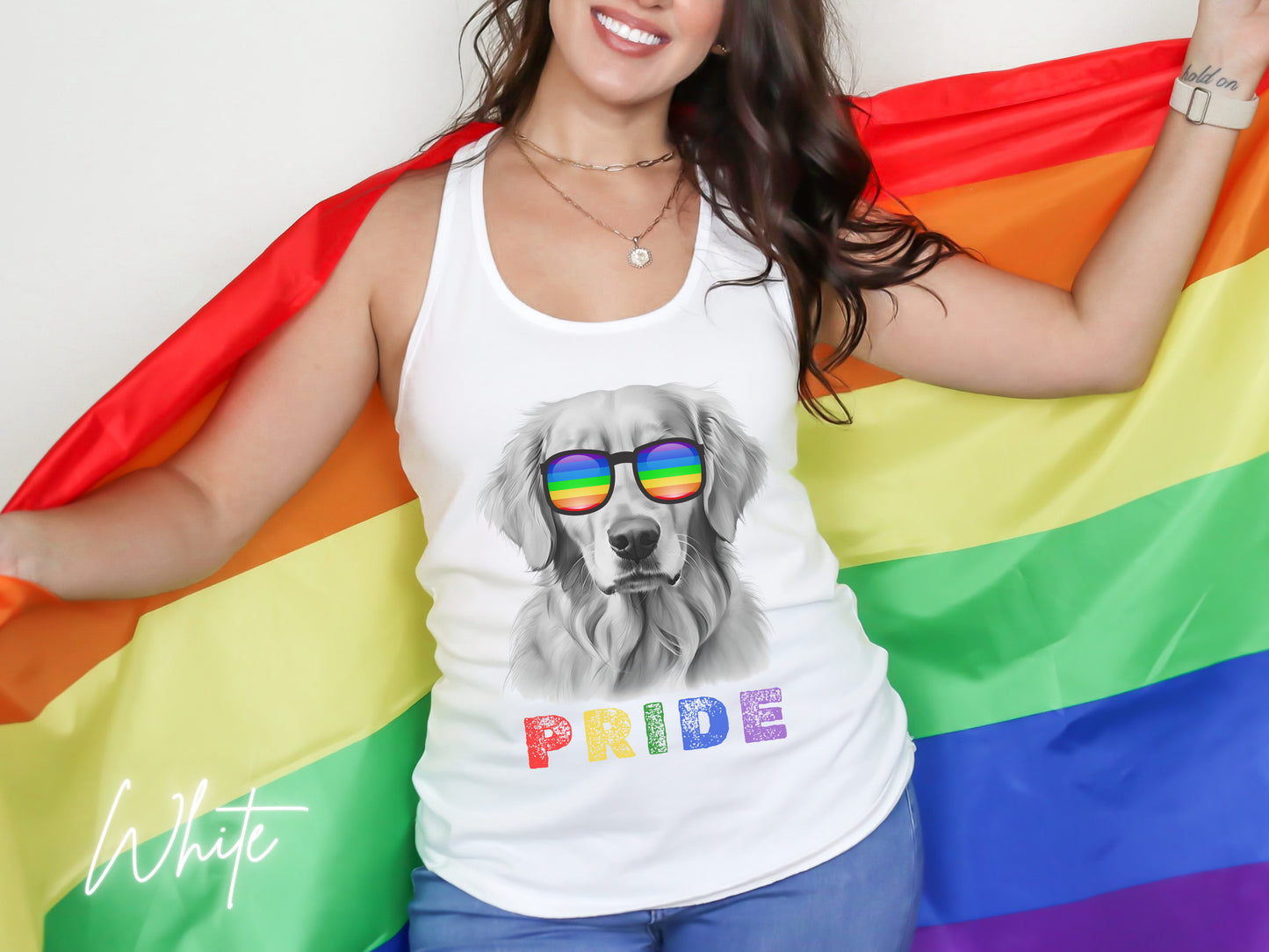 Pride Tank Top Golden Retriever, LGBTQIA, Rainbow Pride, LGBTQ+ tshirt, Pride Month, Women&#39;s Tank, Gay 2024, Golden Mama, Pride Parade