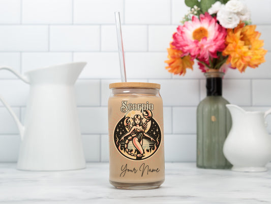 Personalized Iced Coffee Cup, Scorpio, Custom Birth Sign Zodiac Glass Tumbler, Gifts for Her, Astrology Horoscope Sign Beer Can